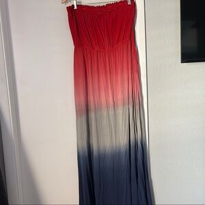 Lane Bryant Smocked Strapless Red and Blue Maxi Dress